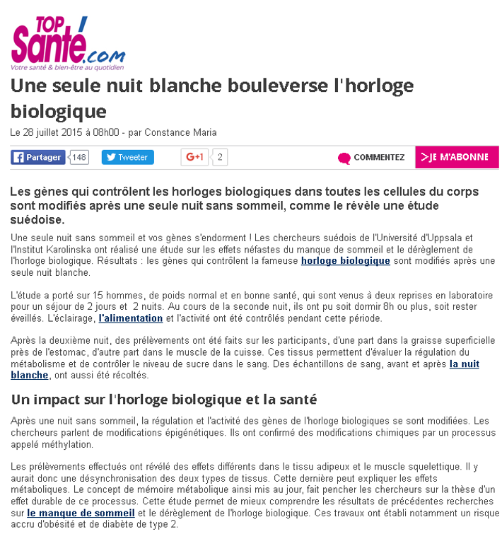 Article extrait du site Topsanté.com intitulé : une nuit blanche boulverse l'horloge biologique. Il a été publié le 28 juillet 2015 par Constance Maria